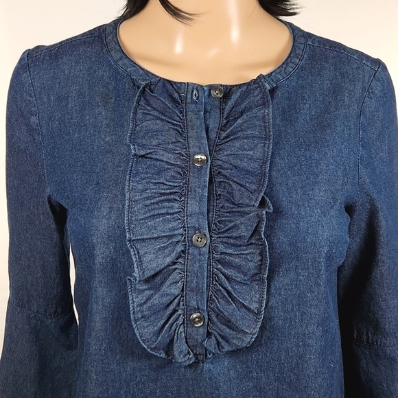 DRAPER JAMES Chambray Ruffle Shift Dress Size 2 - Picture 3 of 15